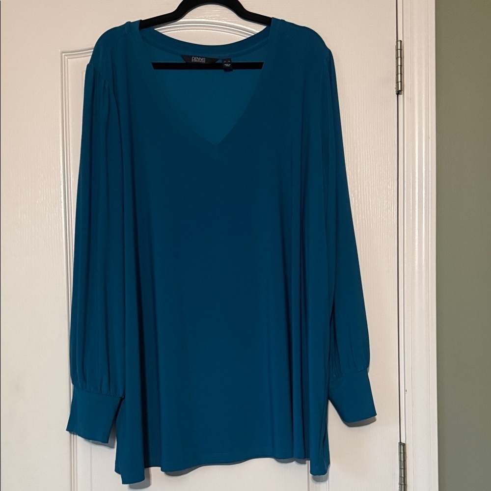 Dennis Basso Teal V-Neck Long Sleeve Blouse Size 4X